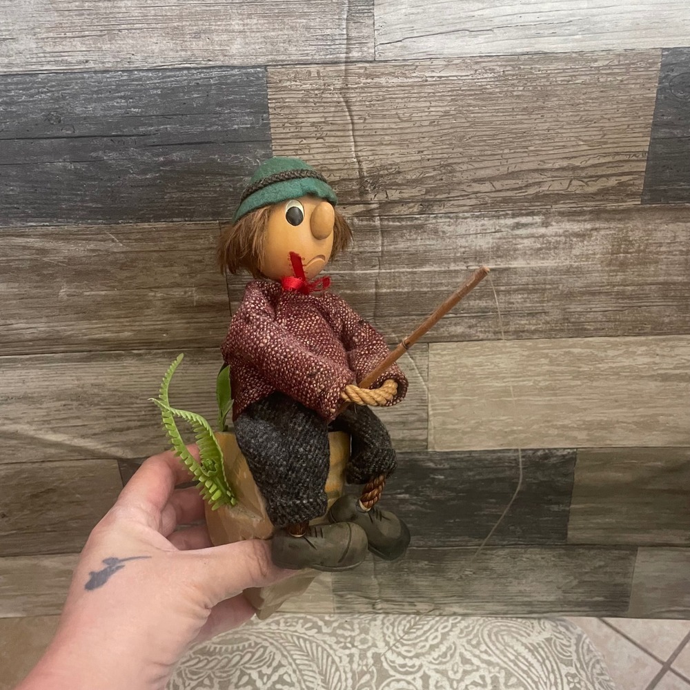 Vintage Casige Casy Boys Fisherman Wood Wall Hanging Figurine Germany Ges Gesch